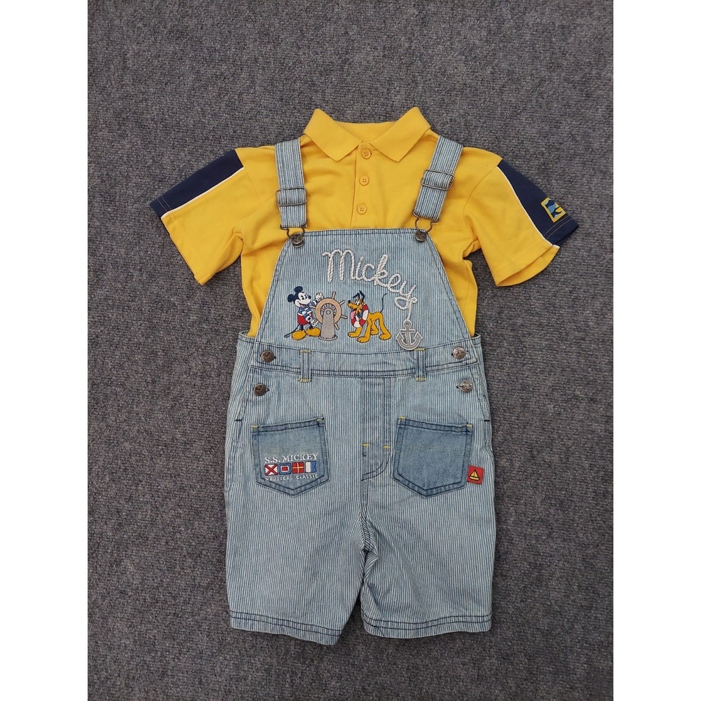Vtg Disney Mickey Overalls Shorts 4T Boys Denim Pinstriped Shirt Set Sailing